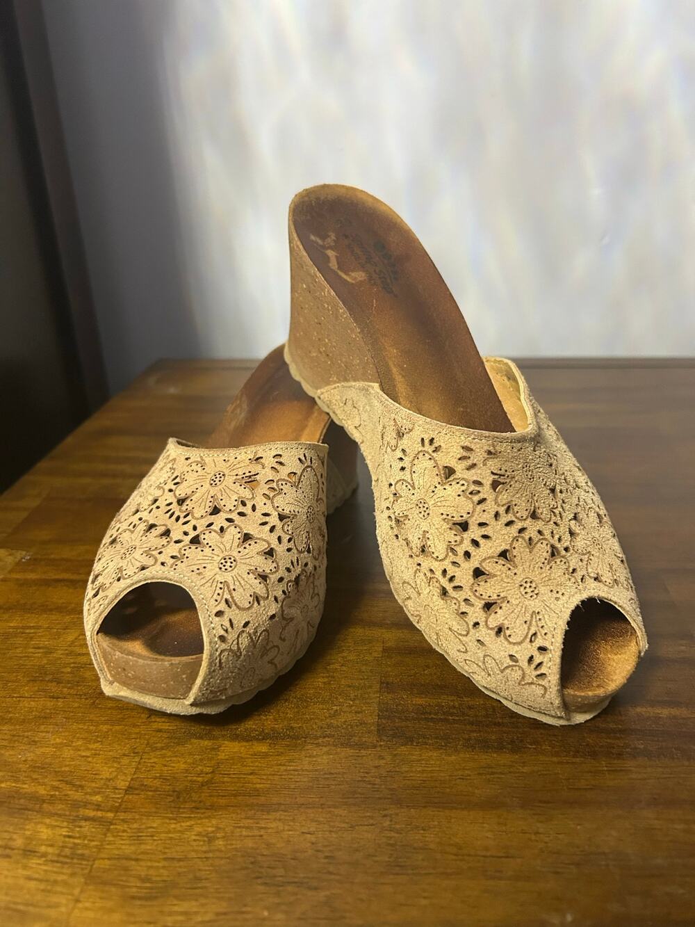 Spring Step Beige Suede Laser Cut Floral Cork Wedge Mules Peep Toe Sandals 7.5